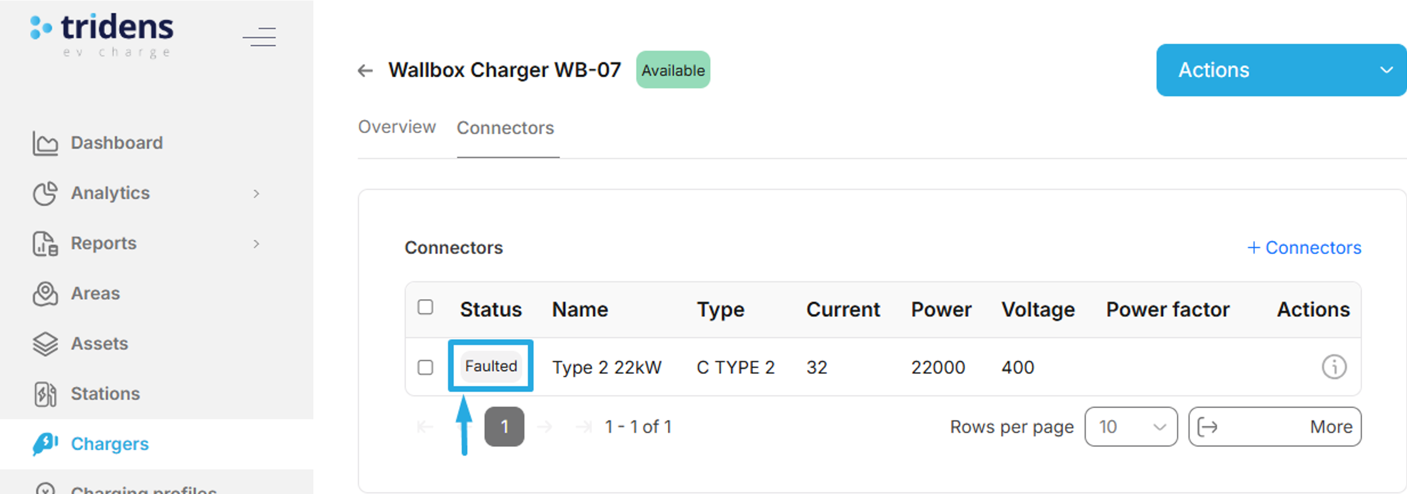 Le connecteur a un statut de défaut sur le tableau de bord web Tridens.