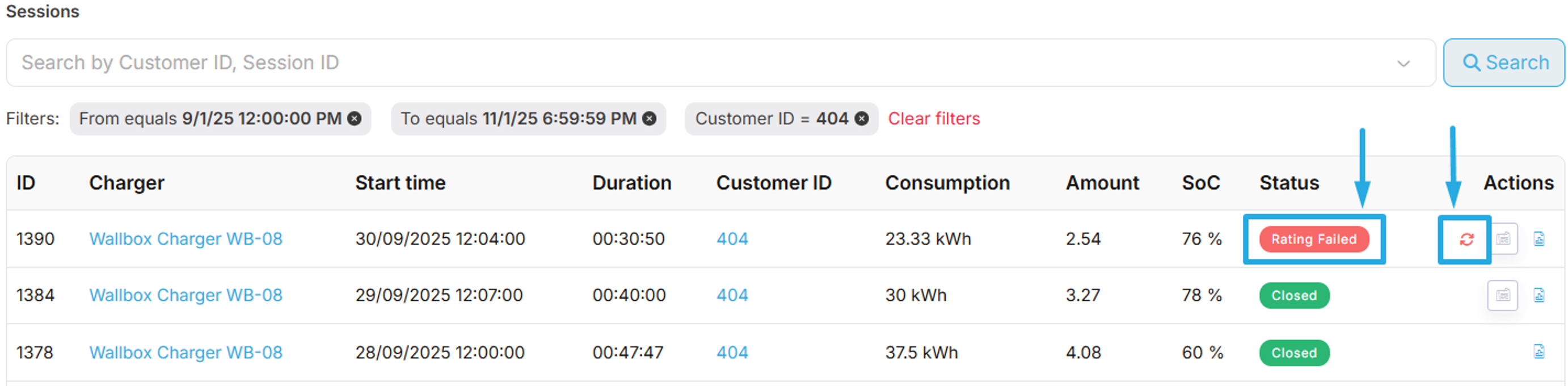 Session Tridens avec statut évaluation échouée.