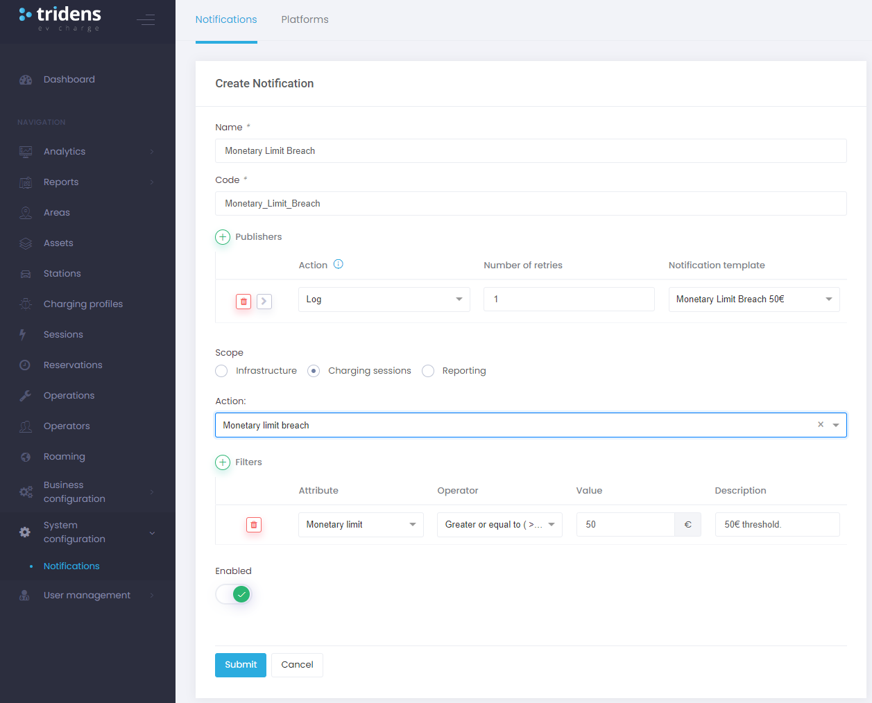Konfiguracija obvestila dnevnika za polnilno sejo