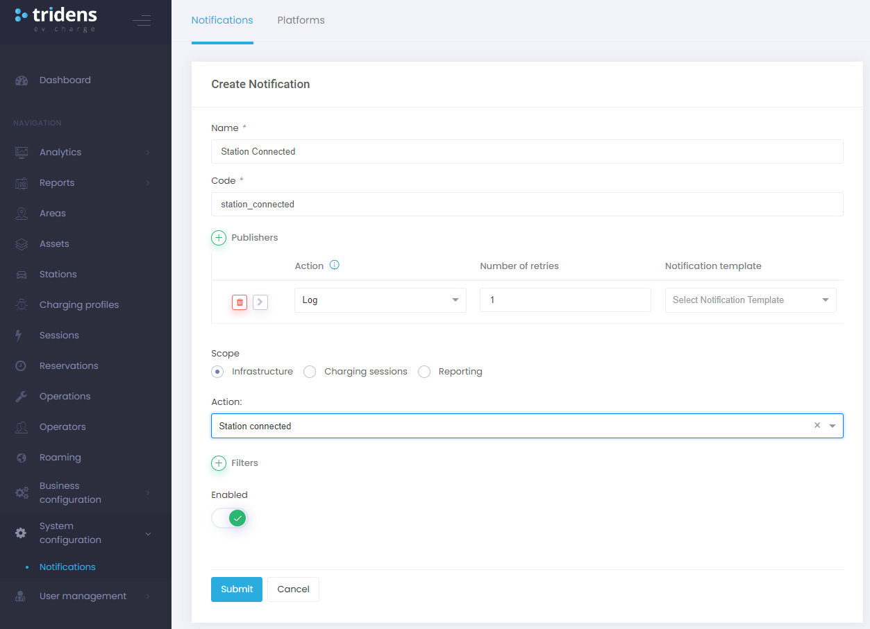 Konfiguracija obvestila dnevnika povezave polnilne postaje