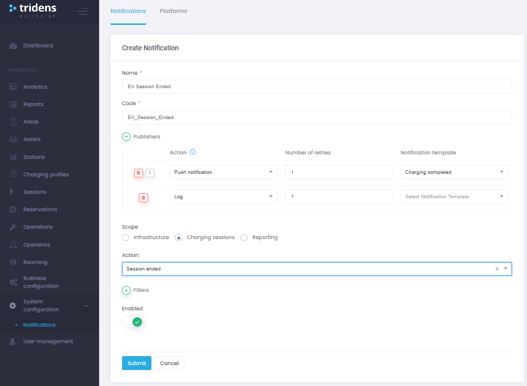 Primer obvestil pravil za polnilno sejo EV