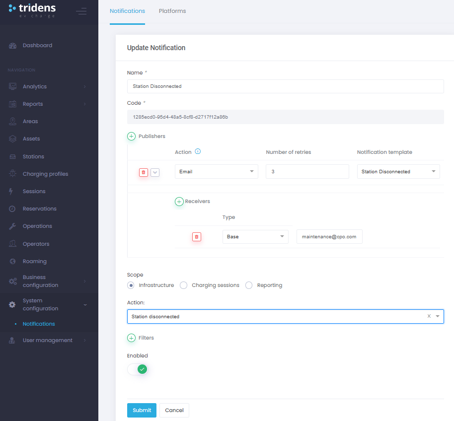 Primer konfiguracije obvestila pravila za določenega operaterja