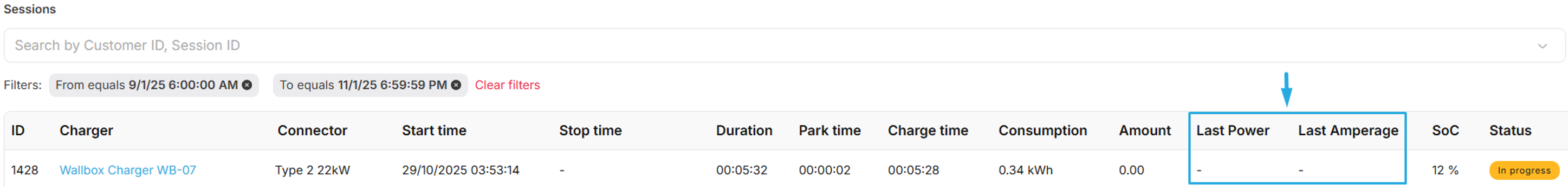 Zadnja moč in jakost toka seje manjkata na spletni/mobilni nadzorni plošči Tridens.