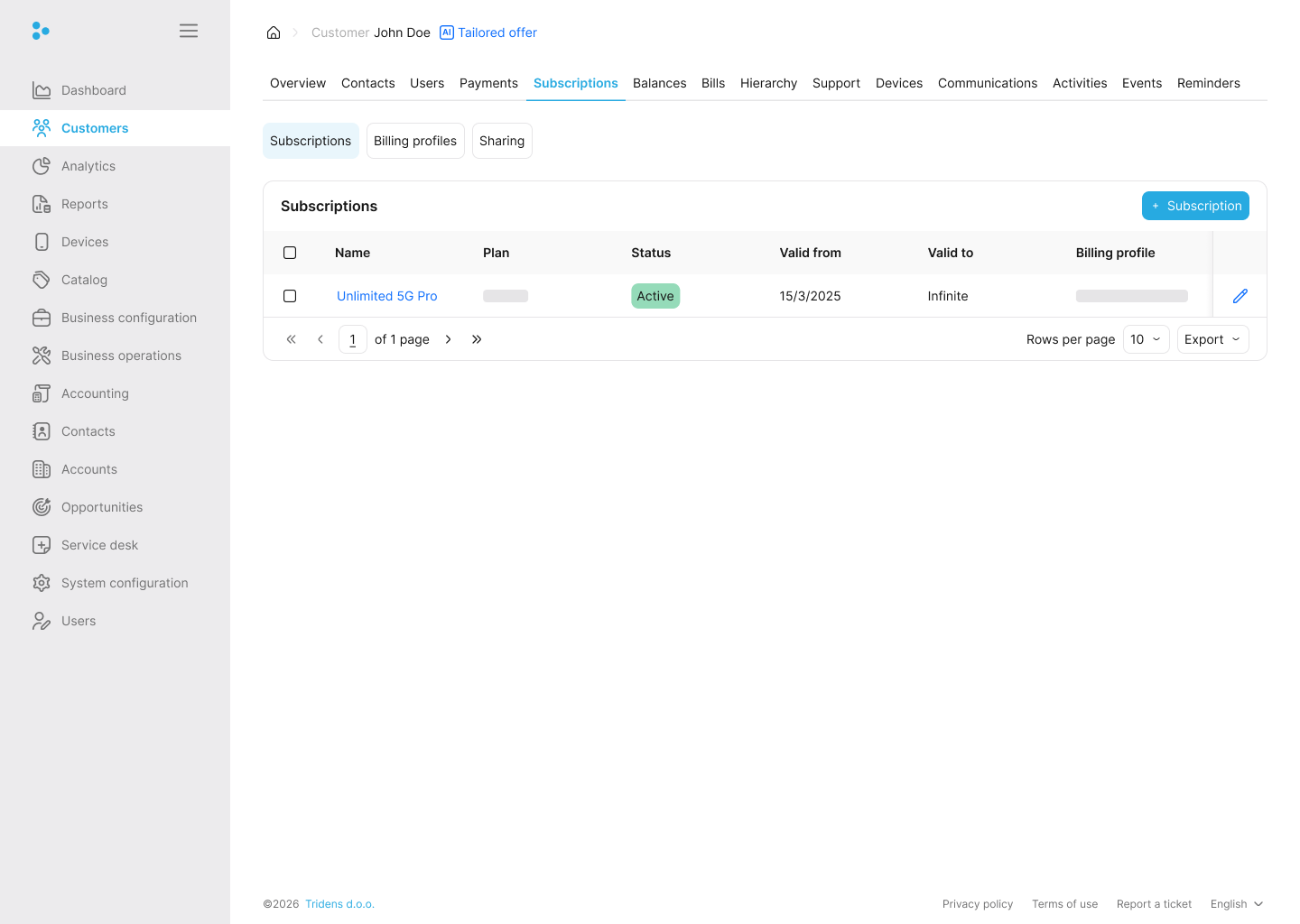 Fig. 10: Customer Subscriptions Tab