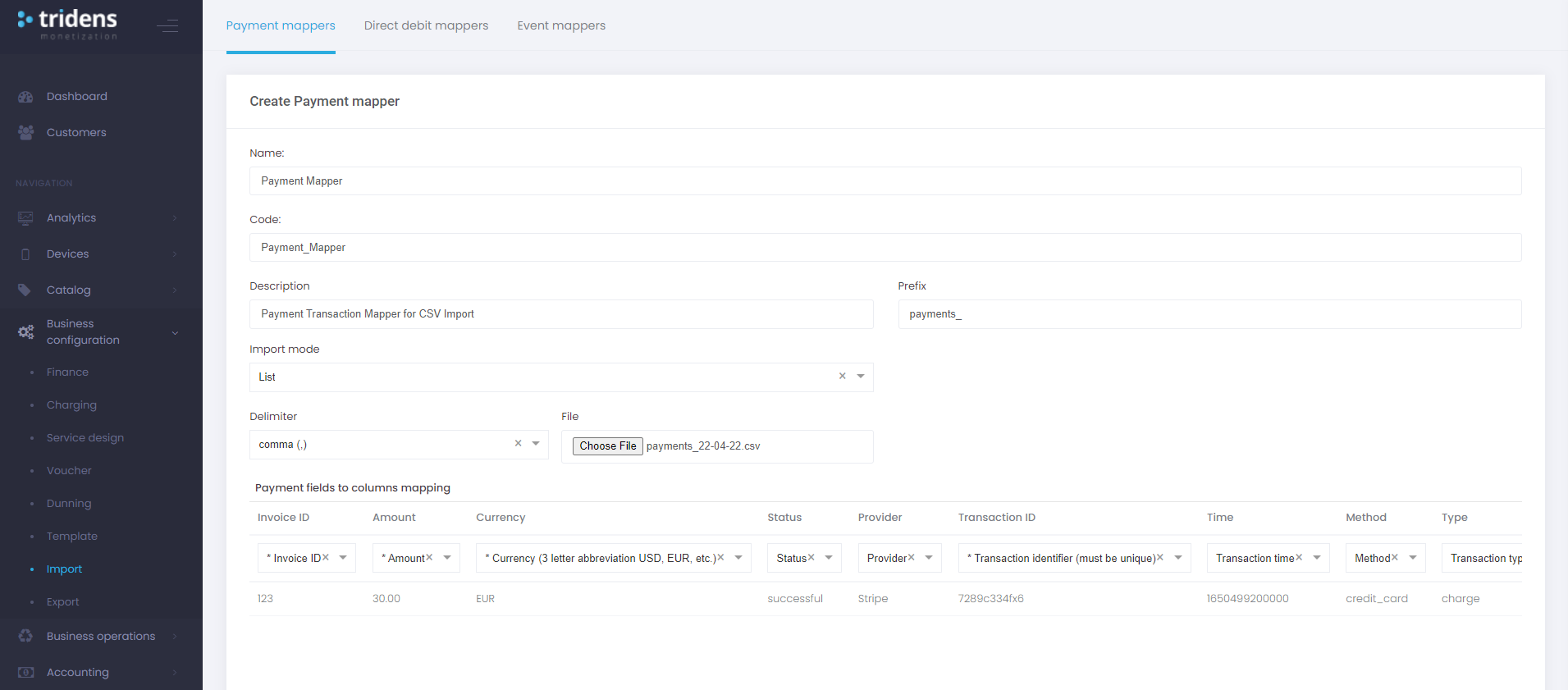 Beispiel der Konfiguration eines Zahlungsimport-Mappers
