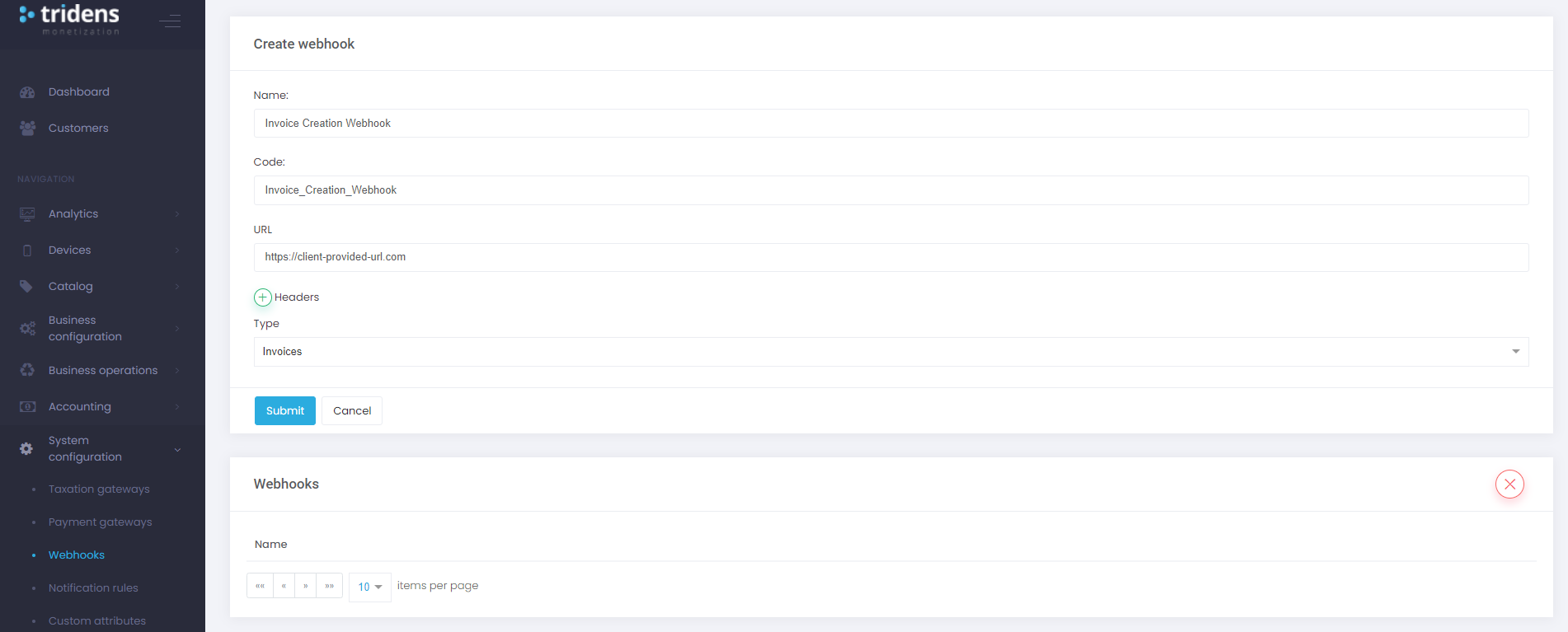Exemple de configuration de webhook pour la création de factures