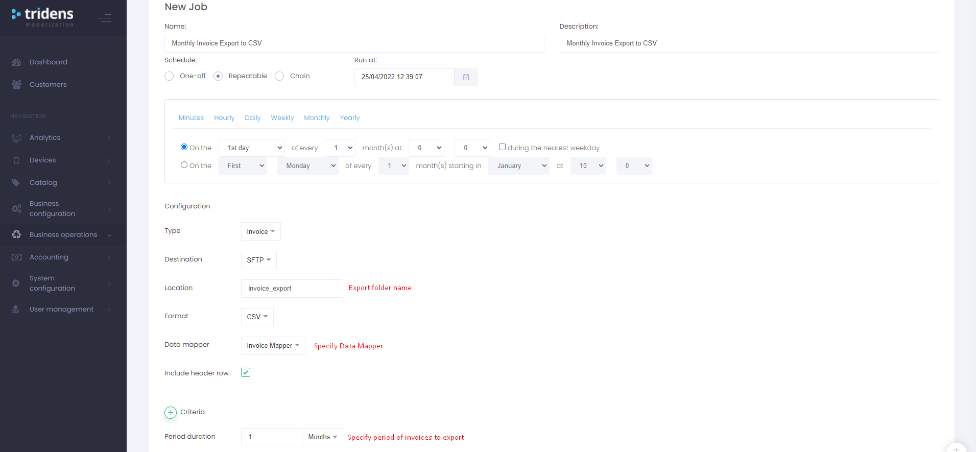 Exemple de travail d&rsquo;exportation de factures