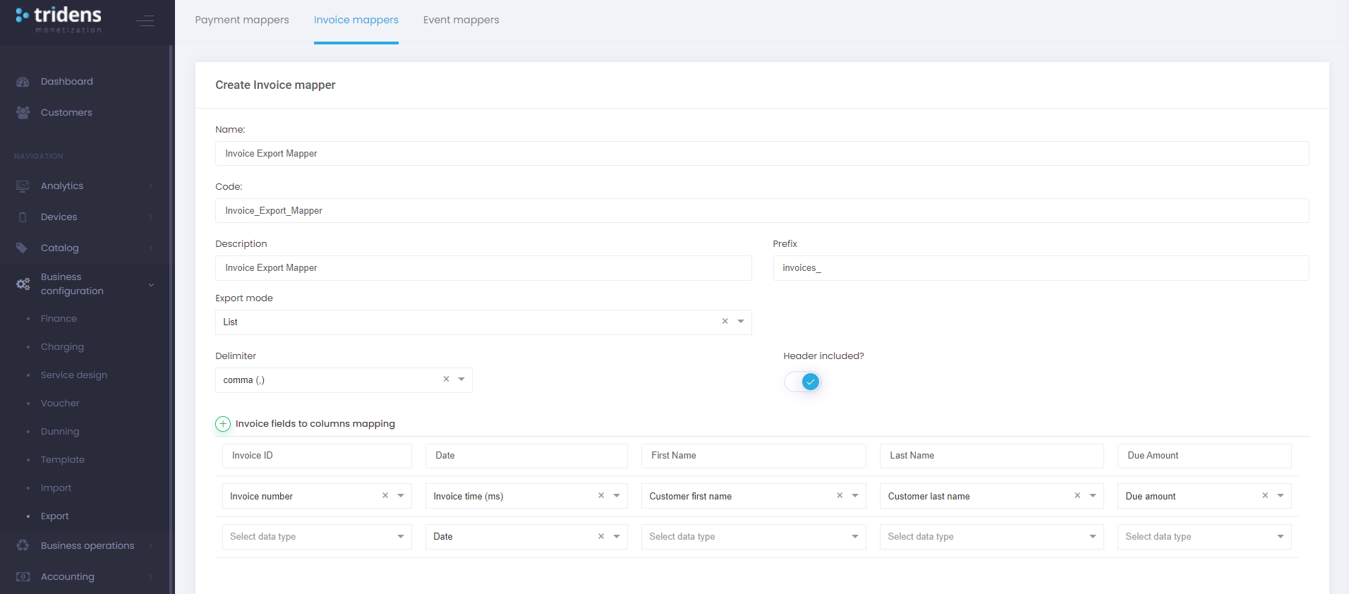 Exemple de configuration de mappage d&rsquo;exportation de factures