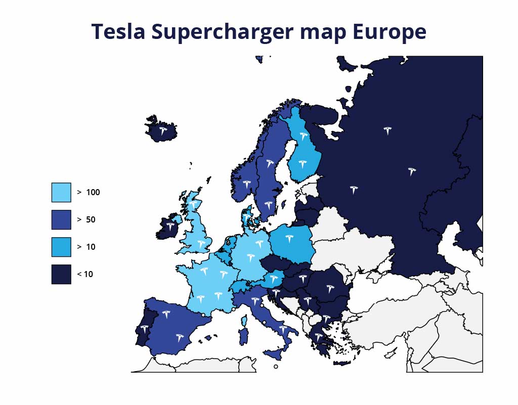 Tesla Supercharger карта Европы