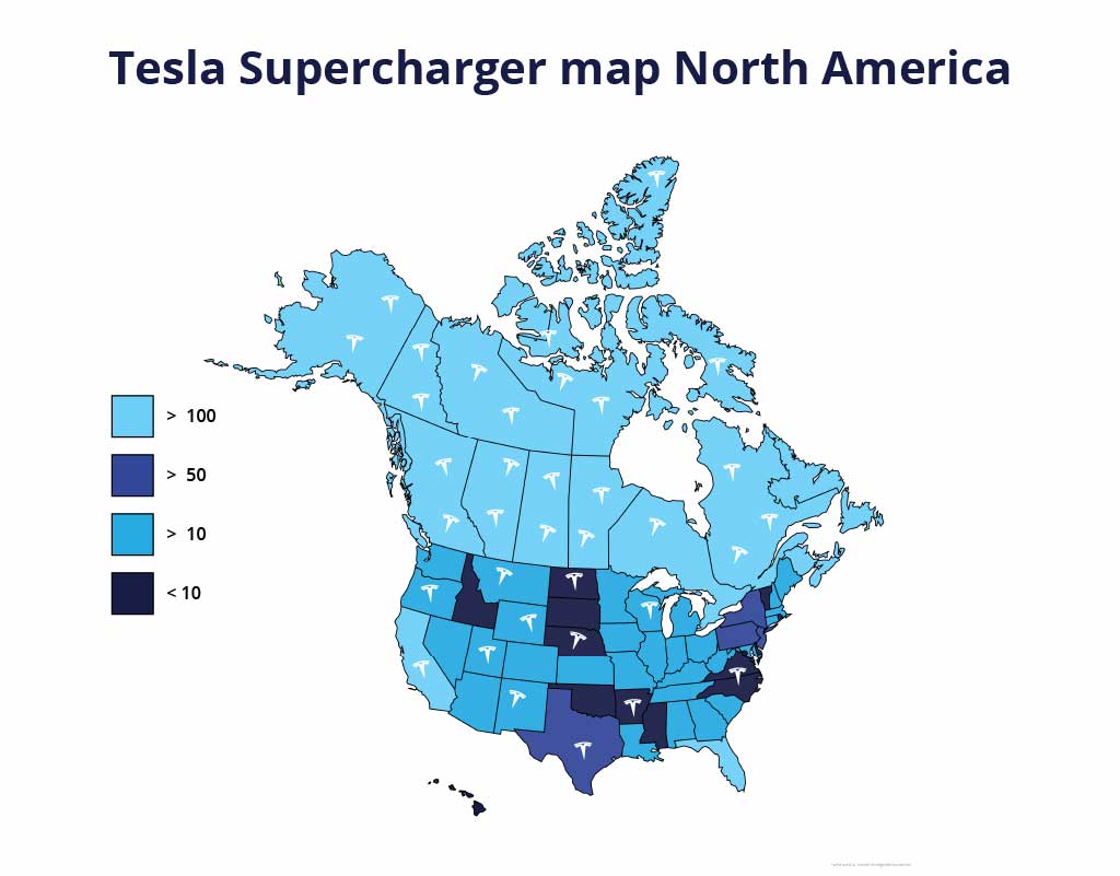 Tesla Supercharger mapa América del Norte