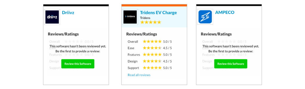 Sourceforge rating and reviews - Driivz vs. Tridens. vs Ampeco